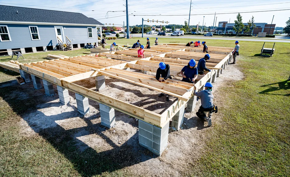 Freshly framed deck platform on concrete piers